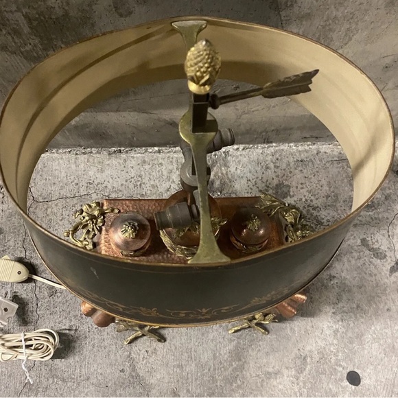 Hammered Copper French Bouillotte Lamp Handpainted Shade W/ Built In Inkwell WOW - Picture 10 of 12